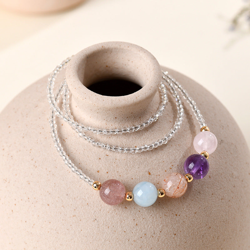 Natural Crystal Multi-Gem Collarbone Necklace with Strawberry Quartz and Aquamarine | Spiritual Energy Jewelry