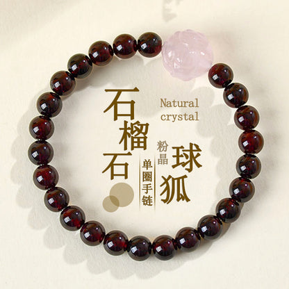 Natural Crystal Garnet Rose Quartz Fox Bracelet - Chinese Style Women's Spiritual Jewelry