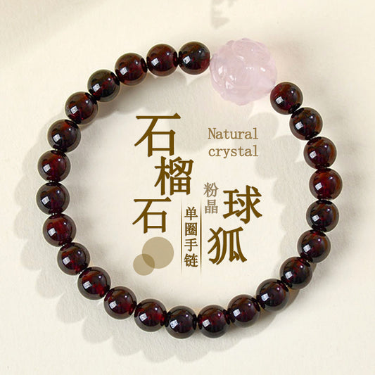 Natural Crystal Garnet Rose Quartz Fox Bracelet - Chinese Style Women's Spiritual Jewelry
