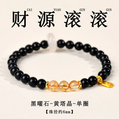 Natural Crystal Obsidian Multi-Gem Bracelet | Chinese Style Buddhist Bead for Women