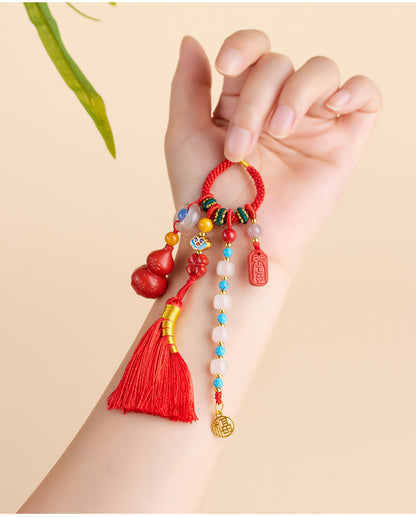 Imperial Red Cinnabar Gourd Broom Tassel Keychain - Fortune & Protection Amulet