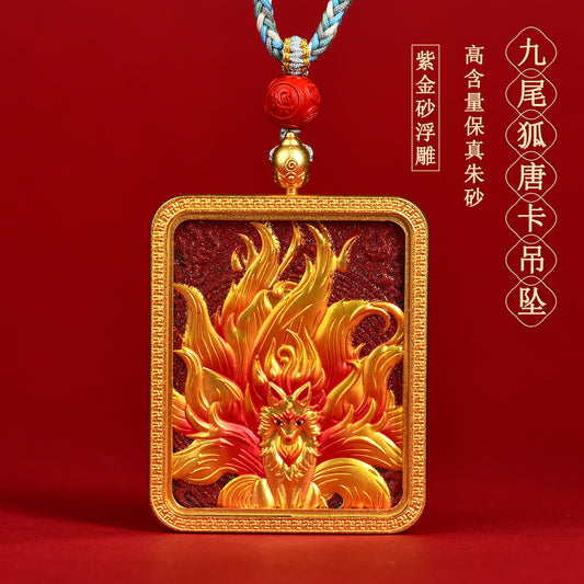 Purple Gold Cinnabar Relief Nine-Tailed Fox Thangka Pendant - Tibetan Handwoven Necklace for Spiritual Protection