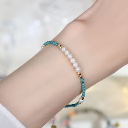 Natural Turquoise Pearl Bracelet with Small Rice Beads - Elegant Women's Custom Jewelry for Protection and Harmony