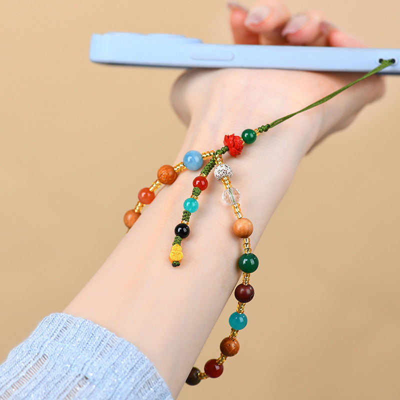 Multi-Treasure Crystal Agate Sandalwood Bodhi Phone Chain with S925 Silver Gourd Pendant