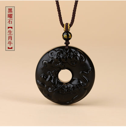 Natural Obsidian Zodiac Peace Buckle Pendant | Spiritual Protection & Fortune Necklace