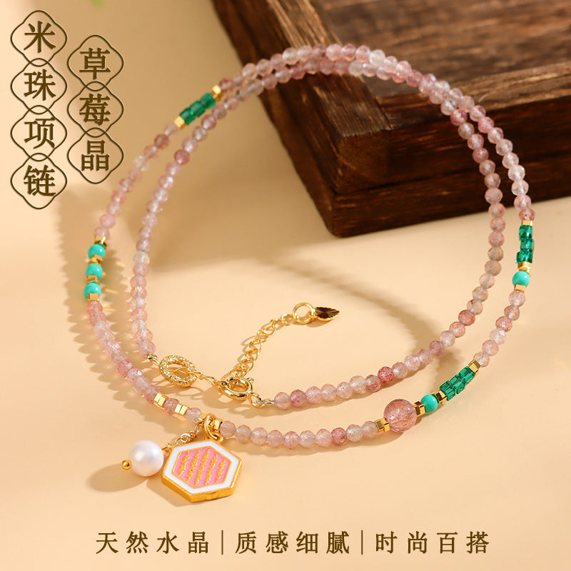 Natural Strawberry Crystal Faceted Necklace | Elegant Light Luxury Collarbone Choker for Love & Luck