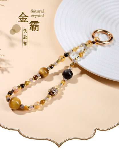 Natural Crystal Tower Keychain with Tiger Eye and Gray Agate - Wealth Protection and Good Luck Charm