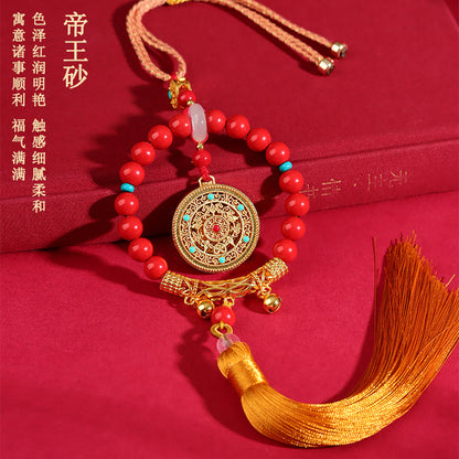 Imperial Red Cinnabar Five Blessings Compass Car Hanging – Natural Mineral Talisman for Safe Travels