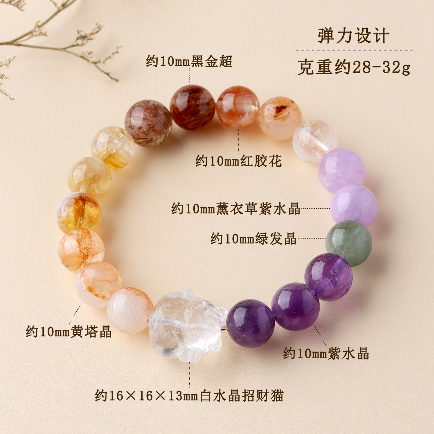 Natural White Crystal Lucky Cat Multi-Gem Bracelet | Wealth & Luck Charm for Women