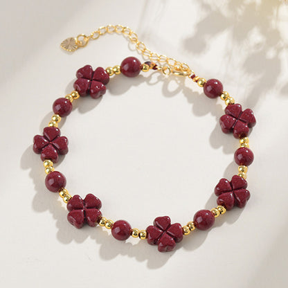 Natural Cinnabar Purple Gold Sand Peach Blossom Four-leaf Clover Journey Blessing Bracelet