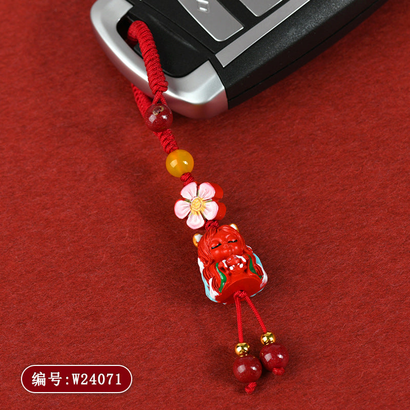 Natural Cinnabar Nine-Tailed Fox Keychain Pendant | Mystical Protection & Wealth Talisman