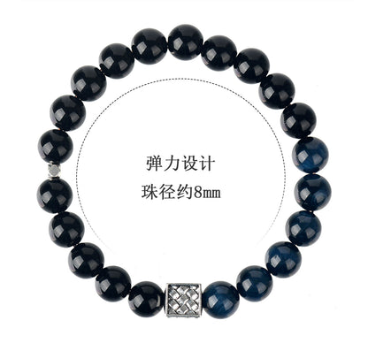 Natural Obsidian Blue Tiger Eye Bracelet | Chinese Style Buddhist Bead for Zodiac Year Protection