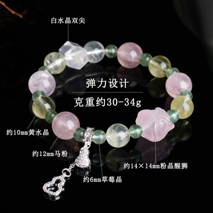 Natural Yellow Crystal Horse & Pink Crystal Gourd Tassel Bracelet | Chinese Style Women's Lucky Charm
