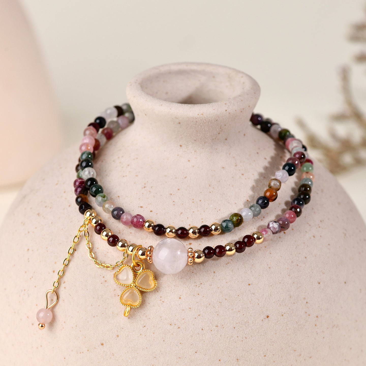 Natural Tourmaline Garnet Rose Quartz Double Circle Bracelet | Adjustable Female Wangfu Stone for Love & Fortune