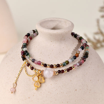 Natural Tourmaline Garnet Rose Quartz Double Circle Bracelet | Adjustable Female Wangfu Stone for Love & Fortune