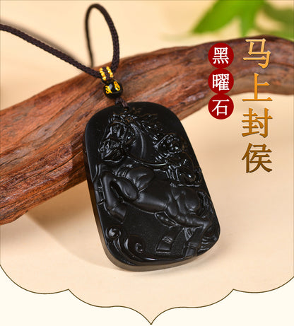 Natural Obsidian Horse Ascends to Marquis Pendant - Career Luck Amulet for Men & Women