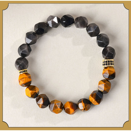 Golden Tiger Eye and Obsidian Faceted Irregular Bracelet - Unisex Couple Protection Charm