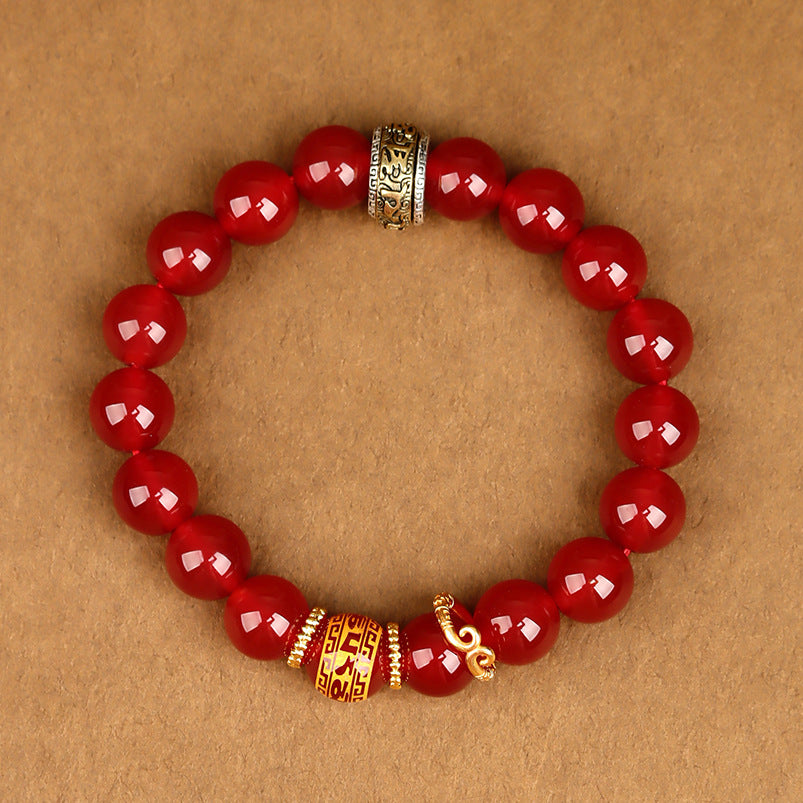 Wukong Themed Obsidian Red Agate Bracelet - Black Gold Silver Spiritual Couple's Jewelry