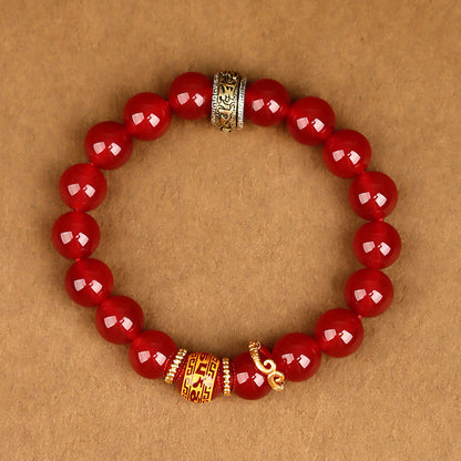 Wukong Themed Obsidian Red Agate Bracelet - Black Gold Silver Spiritual Couple's Jewelry
