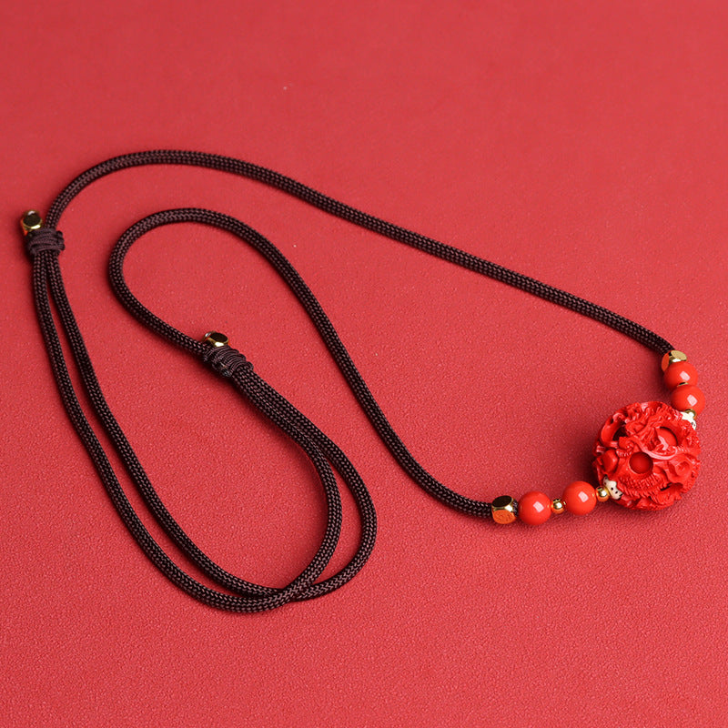 Imperial Cinnabar Hollow Dragon Phoenix Fortune Bead Keychain Pendant Charm