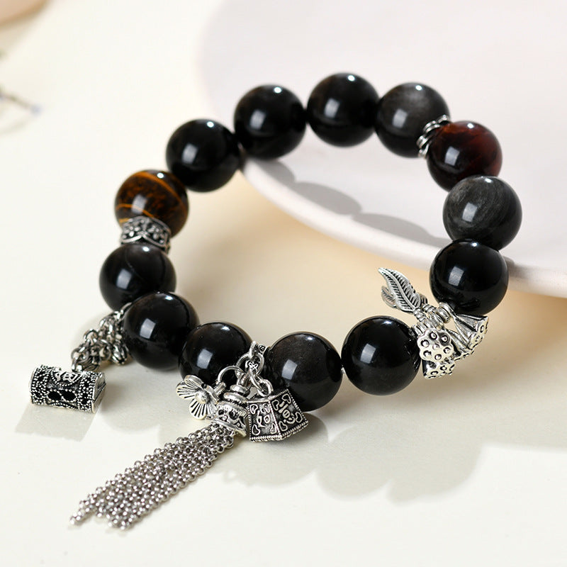 Natural Silver Obsidian Tiger Eye Bracelet - Vintage Unisex Protection Stone Jewelry