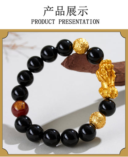 Natural Obsidian Gold Pixiu Zodiac Buddha Bracelet for Wealth Protection and Spiritual Harmony