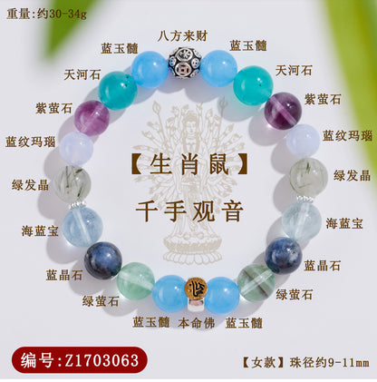Natural Crystal Multi-Gem Sanskrit Eight Guardian Deities Zodiac Buddha Balance Bracelet