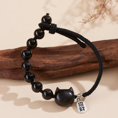 Mystical Silver Obsidian Cat Bracelet - Hand-Woven Protection Charm for Couples