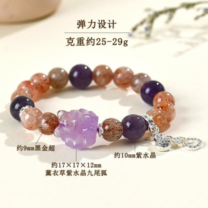 Mystical Nine-Tailed Fox Amethyst Bracelet in Black Gold - Chinese Style Women's Spiritual Talisman
