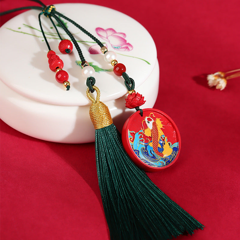 Natural Imperial Red Cinnabar Fish Leaping Dragon Gate Pendant - Luck & Success Keychain Charm