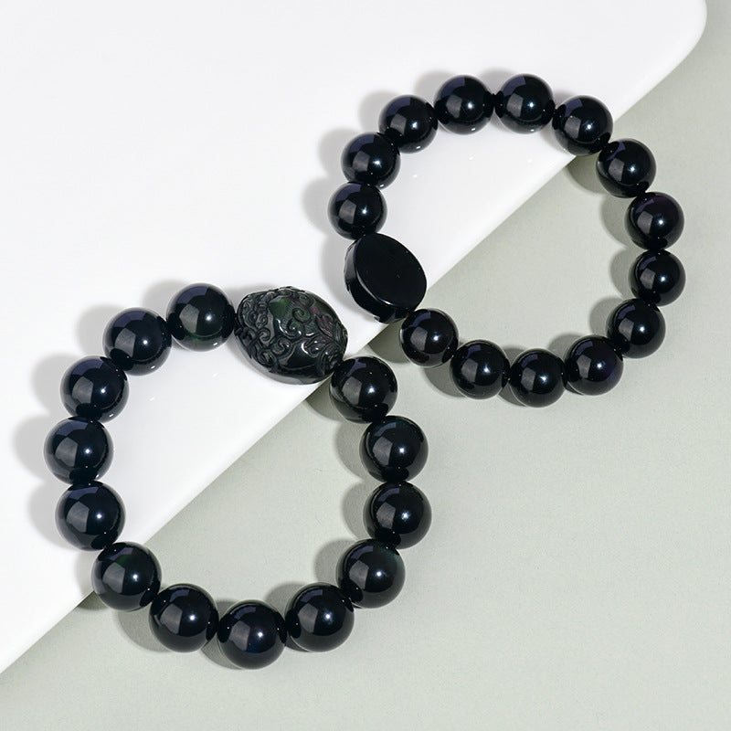 Natural Rainbow Eye Obsidian Pixiu Bracelet - Wealth and Protection Talisman for Couples