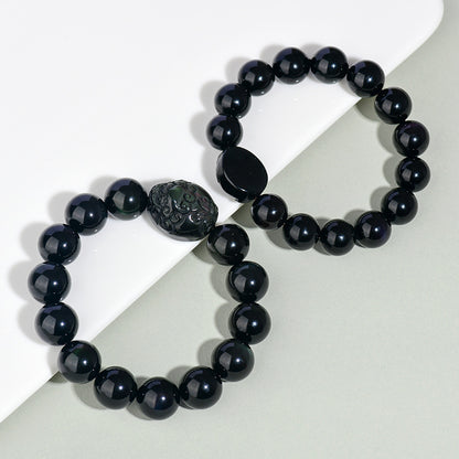 Natural Rainbow Eye Obsidian Pixiu Bracelet - Wealth and Protection Talisman for Couples