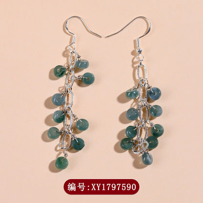Natural Blue Green Jade Earrings with Tassel | Chinese Style Light Luxury Women's Jewelry