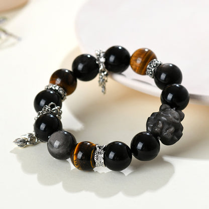 Natural Yellow Tiger Eye Silver Obsidian Nine-Tailed Fox Bracelet | Wisdom Charm Protection Couple Amulet