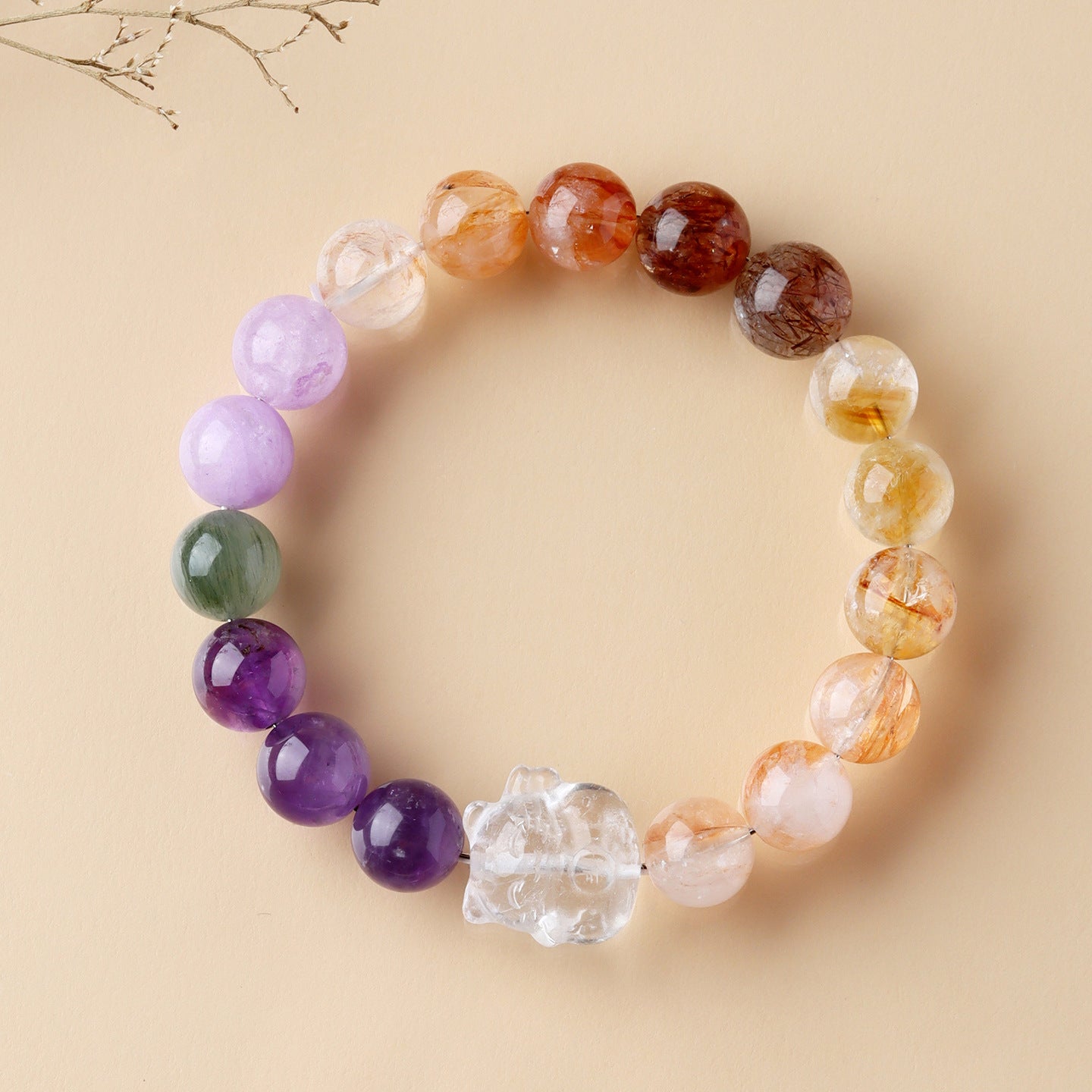 Natural White Crystal Lucky Cat Multi-Gem Bracelet | Wealth & Luck Charm for Women