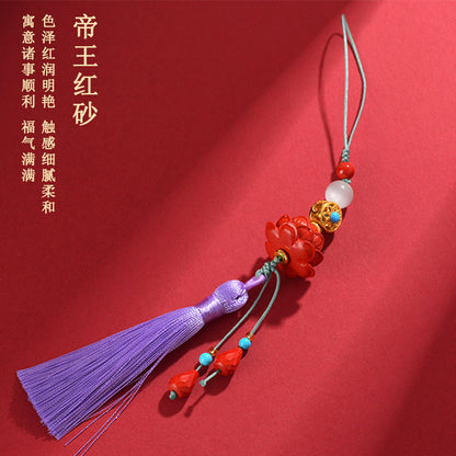 Natural Cinnabar Lotus Tassel Pendant - Protective Charm for Phone, Keychain & Bag