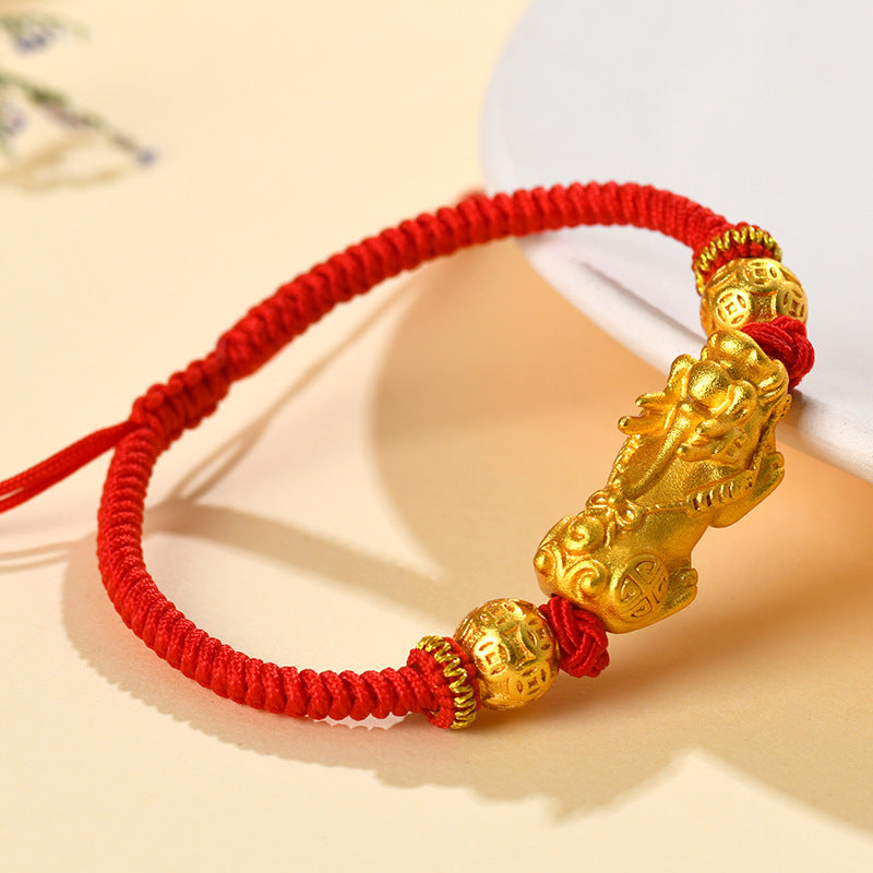 Golden Pixiu Copper Coin Bead Vajra Knot Bracelet - Wealth and Protection Charm