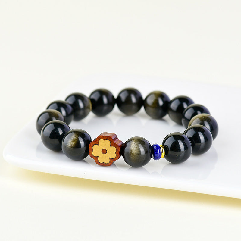 Gold Obsidian Double Eye Bracelet with Lucky Clover - Feng Shui Protection & Wealth Attraction
