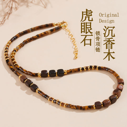 Natural Tiger Eye Agarwood Clavicle Necklace - Spiritual Protection & Wealth Attraction