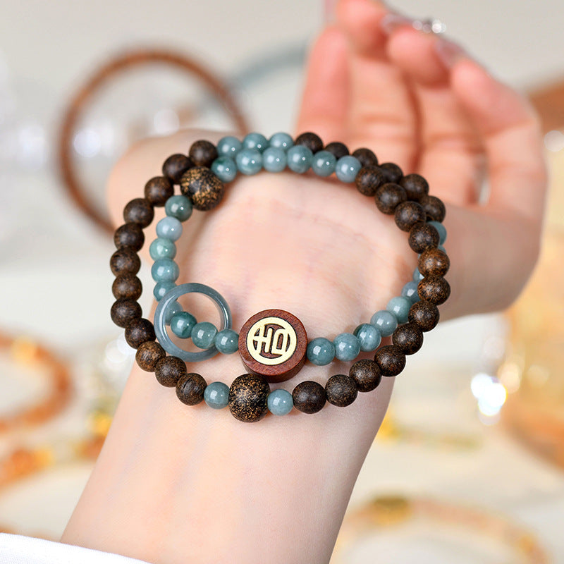Agarwood Blue Jade Double Circle Bracelet | Zen Meditation & Wealth Attraction Charm