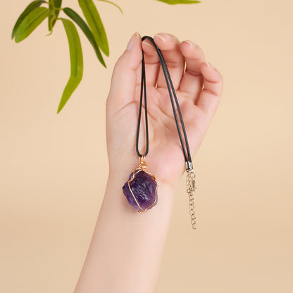 Natural Amethyst Raw Stone Pendant Necklace - Handmade Wire Wrapped Spiritual Jewelry for Protection