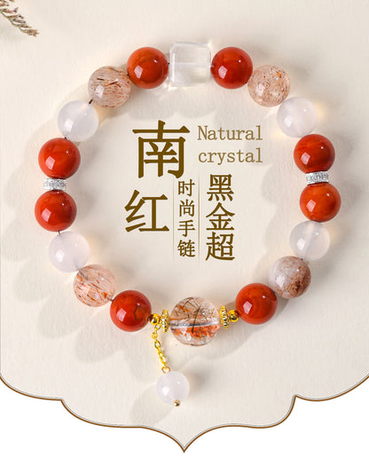 Natural Crystal Multi-Gem Bracelet with Southern Red Agate and Black Gold Super White Crystal - Women's Spiritual Talisman
