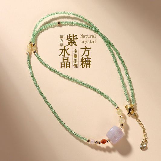 Lavender Amethyst Sugar Cube Multi-Circle Bracelet with Yellow Rutilated Quartz - Spiritual Harmony & Wealth Attraction