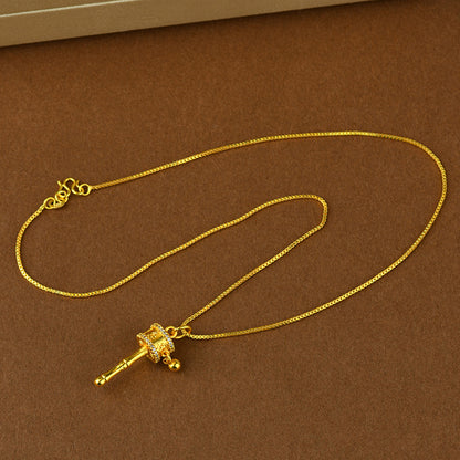 Golden Tibetan Prayer Wheel Rotatable Pendant Necklace for Spiritual Blessings