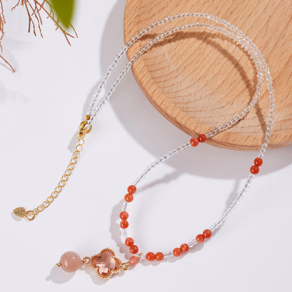 Natural White Crystal Agate Orange Moonstone Four-Leaf Clover Collarbone Necklace - Lucky Charm for Women