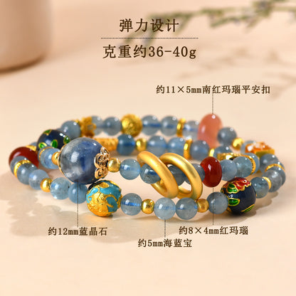 Natural Aquamarine Kyanite Double Circle Bracelet with Southern Red Agate Peace Buckle - Women's Spiritual Elegance