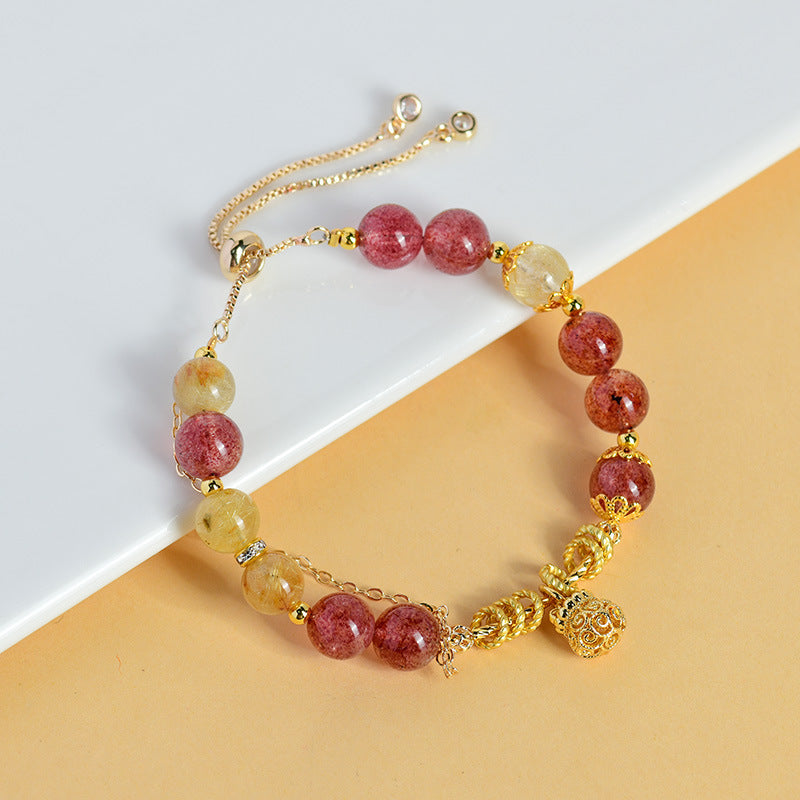 Leo Zodiac Crystal Bracelet with Natural Strawberry & Yellow Rutilated Quartz for Women