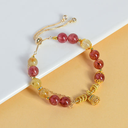 Leo Zodiac Crystal Bracelet with Natural Strawberry & Yellow Rutilated Quartz for Women