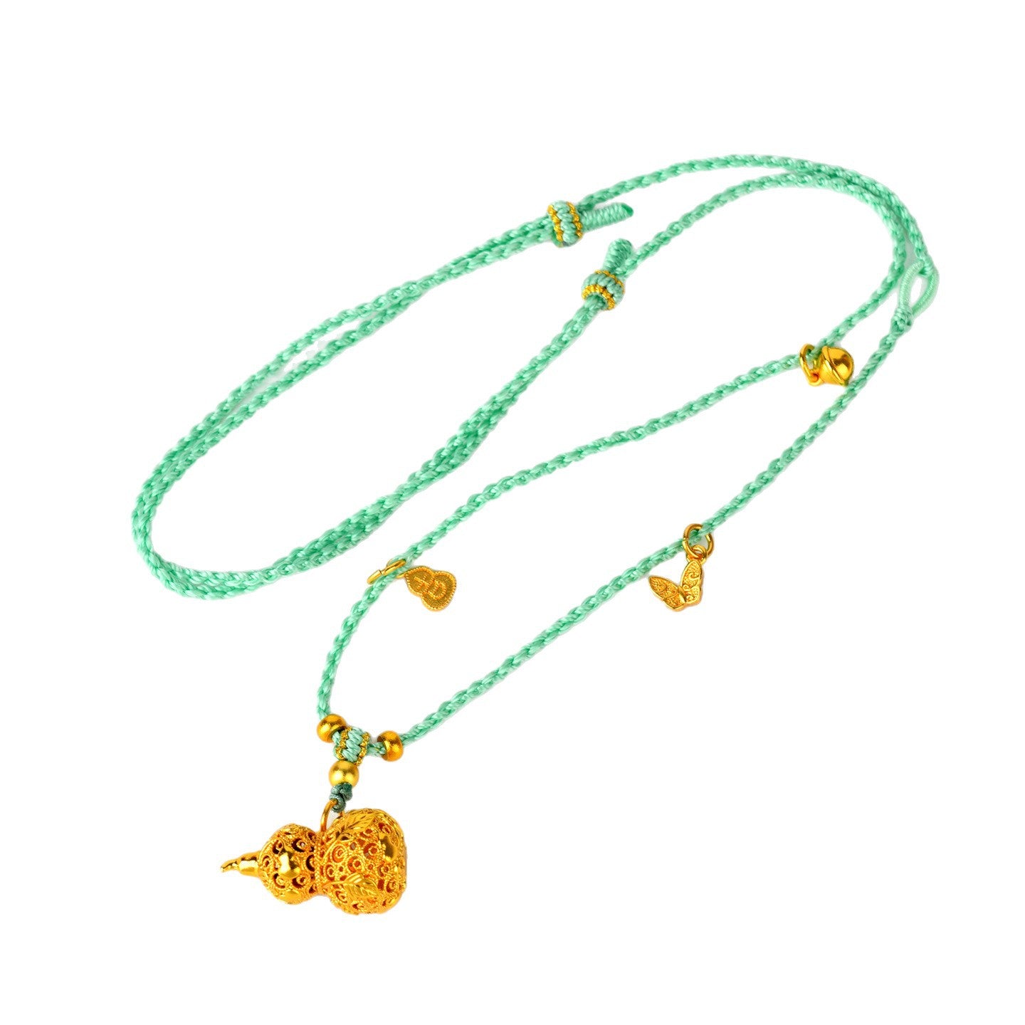 Golden Gourd Hollow Flower Pendant Necklace - Wealth and Prosperity Chinese Style Charm