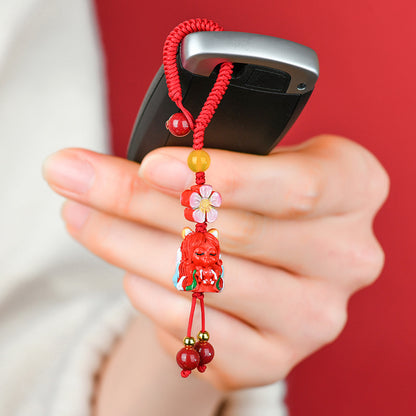 Natural Cinnabar Nine-Tailed Fox Keychain Pendant | Mystical Protection & Wealth Talisman